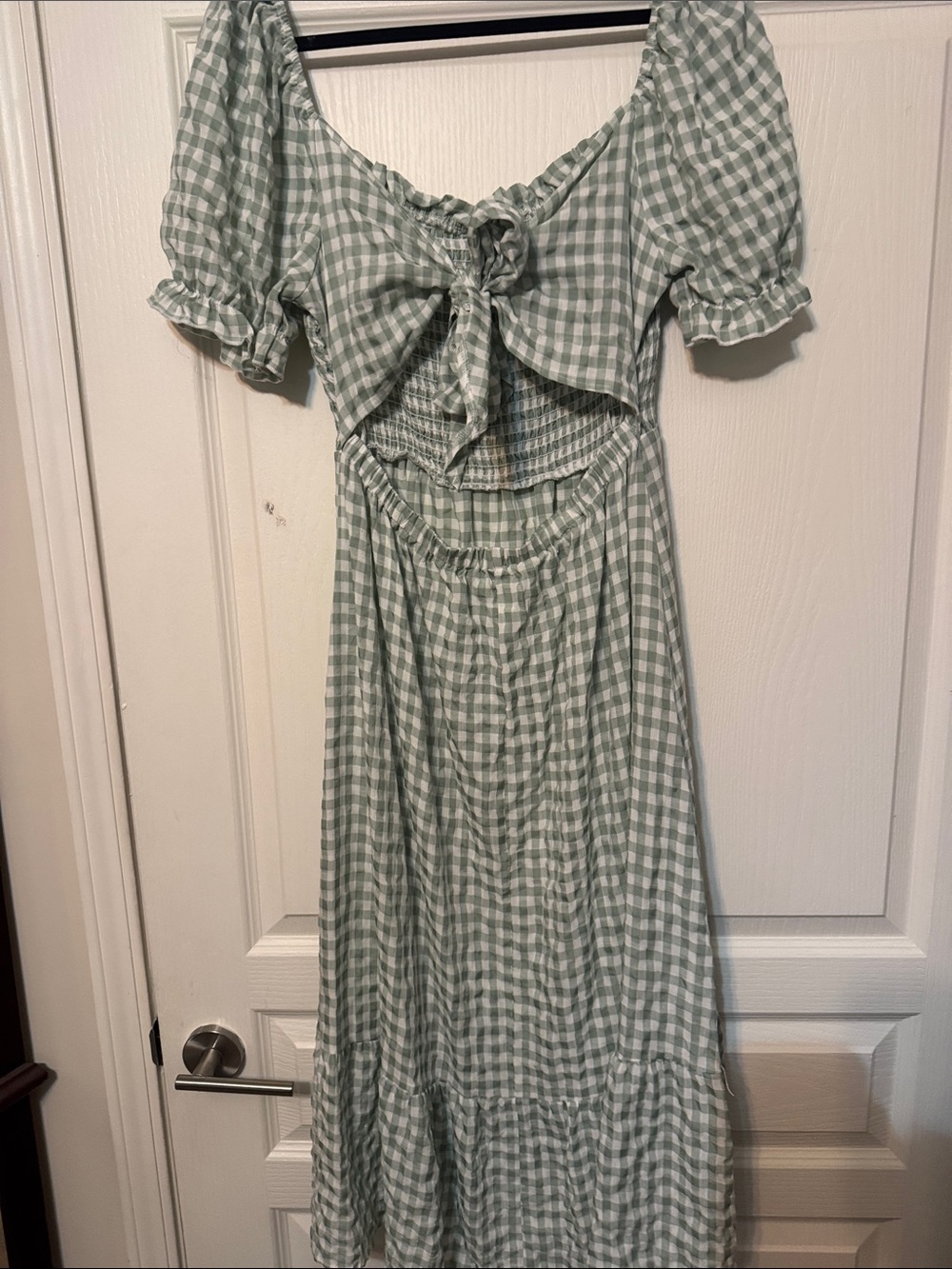 Smocked Gingham Midi Dress in Sage Green - Picture 5 of 6